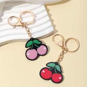 Cute red and pink cherry fruit keychains with gold metal rings for women bags