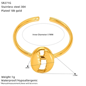 Detail view of gold coffee bean open ring showing 17mm diameter and 1g weight specs