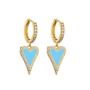 Detail of gold heart earrings with sky blue enamel inlay and micro zircon pavé setting