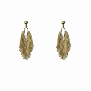 Elegant gold metallic tassel drop earrings with beaded chain fringe on a white background
