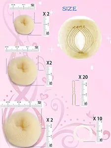 Size chart showing bun makers, U-shaped pins and elastic bands for hair styling