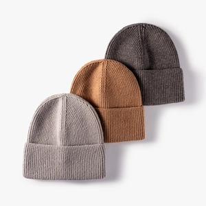 Classic ribbed cuffed beanies in light grey, caramel brown, and dark grey for winter
