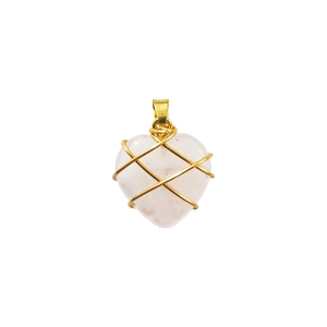 Detail of a natural pink quartz heart pendant wrapped in golden wire mesh on white base