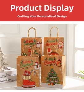 Detail of Christmas kraft paper gift bags with Santa and snowman illustrations in home setting
