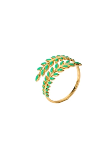 Detail of 18k gold plated branch ring with green enamel leaves on a white background