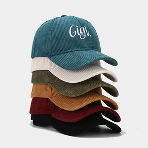 Corduroy baseball caps with Gigi embroidery in six colors including blue and black