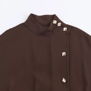 Deep brown long dress with elegant high collar and irregular gold metal buttons