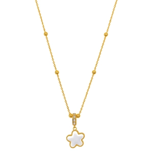 Elegant gold flower necklace with white enamel petals and beaded chain on white background