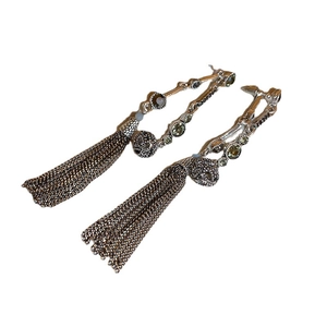 French vintage silver tassel drop earrings with colorful round rhinestones and long fringe