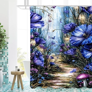 Detail of fantasy forest shower curtain featuring glowing flowers and vibrant butterflies