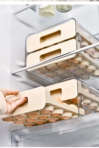 Kitchen drawer-style egg storage box for fridge showing handy slide-out tray feature
