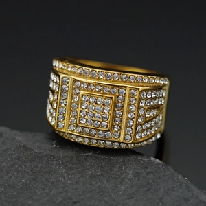 Iced out hip hop men's wide gold ring with pave square crystals on black stone