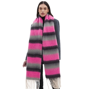 Thick winter striped scarf with fringe tassels in pink grey and black colors