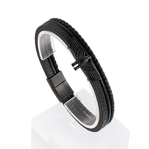 Bracelet multicouche pour homme en cuir tressé noir avec breloque aigle et fermoir