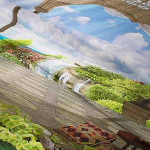 Close-up of fine fiber texture and vibrant landscape print on the decorative wall tapestry