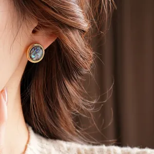 French vintage 18K gold plated round shell stud earrings for women with elegant luster