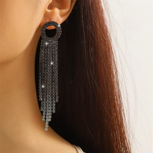 Close-up of long tassel rhinestone earrings with gunmetal base on a model profile