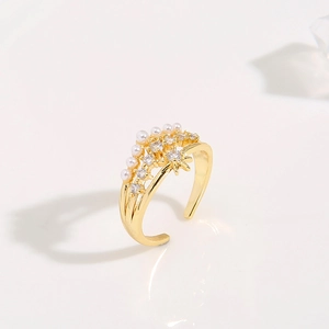 Minimalist gold plated adjustable crown ring with white pearls and sparkling zircons