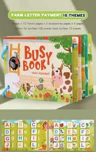 Detail showing interactive farm alphabet busy book with 10 themes and reusable stickers