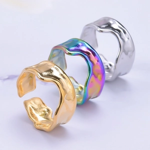 Irregular wave pattern titanium steel open rings in gold, silver, and rainbow colors