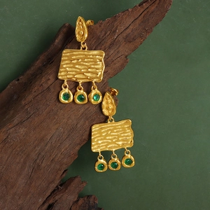 Artistic gold irregular texture square earrings with green zircon bean drops