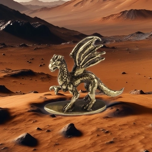 Antique brass wyvern dragon figurine with detailed wings on a red desert base