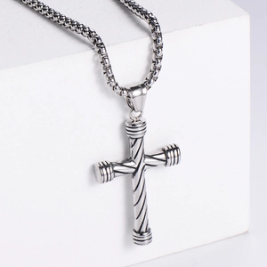 Men's hip-hop titanium steel necklace featuring a vintage spiral cross pendant on silver chain