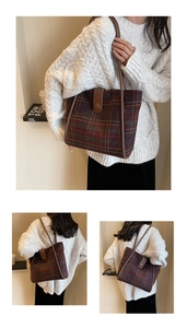 Detail shots of plaid wool tote bag with leather handles in warm vintage autumn setting