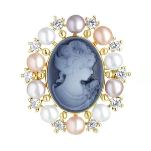 Vintage Victorian cameo brooch with blue female portrait and colorful pearl accents