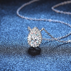 Pear cut moissanite pendant necklace in S925 sterling silver with halo water drop design