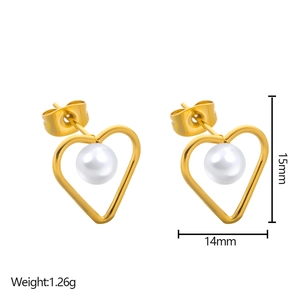 Detailed size view of gold heart stud earrings with white pearl, 15mm by 14mm dimensions