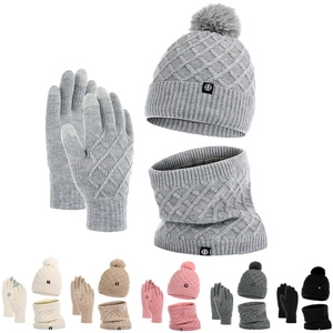 Winter 3-piece set with pom-pom beanie, scarf, and touch gloves in light grey knit