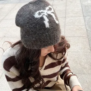 Dark gray mohair knit hat with white bow jacquard pattern for women outdoor fashion