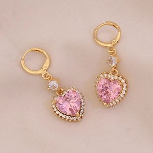 Elegant gold earrings featuring pink heart crystal charms with clear pavé border