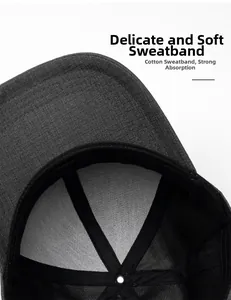 Detail of dark grey twill baseball cap with black cotton sweatband and reinforced seams