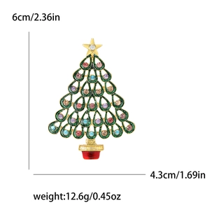 Goldene Weihnachtsbaum-Brosche mit grüner Emaille und bunten Strasssteinen für Damen