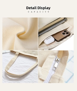 Detail view of large canvas tote bag showing zipper closure and spacious interior capacity
