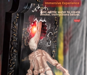 Close-up of Halloween doorbell with skull carvings, red glowing eye and mist effect