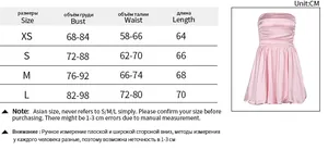 Detailed size chart with chest, waist and length measurements for pink off-shoulder mini dress