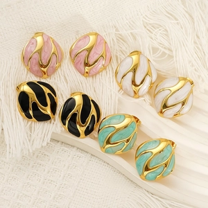 Set of four irregular square enamel earrings in pink, white, black, and green with gold trim