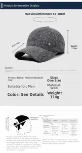 Size chart showing baseball cap dimensions, measuring guide and specifications table
