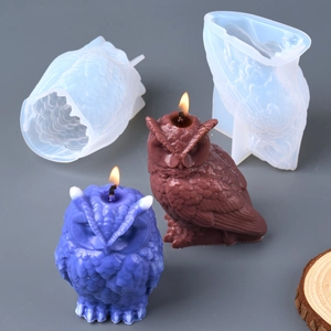 3D owl silicone candle mold for DIY resin crafts with detailed feather textures and wax finish