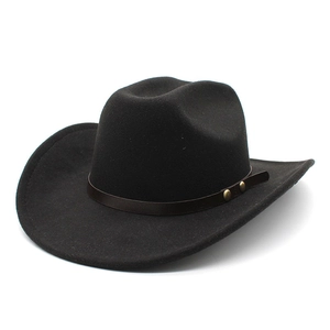 Classic black wool fedora hat with a stylish brown leather band and gold buckle details