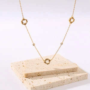 French retro hollow ring necklace in 18K gold plated stainless steel with crystals