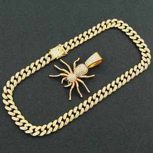 Hip hop spider pendant with full rhinestones on golden Cuban chain necklace for men and women