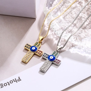 Evil Eye Cross Pendant Necklace Copper With Colorful Zircon Bohemian Religious Fashion Jewelry For Women