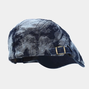 Retro gewaschene Denim Barett Mütze mit Batikmuster und verstellbarer Metallschnalle
