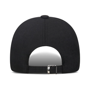 Classic black business baseball cap rear view with adjustable silver metal buckle