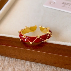 Retro 24K gold plated open ring with red enamel and diamond texture pattern