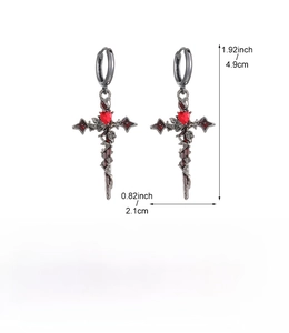 Detail showing dimensions of gothic cross heart earrings with red enamel center piece